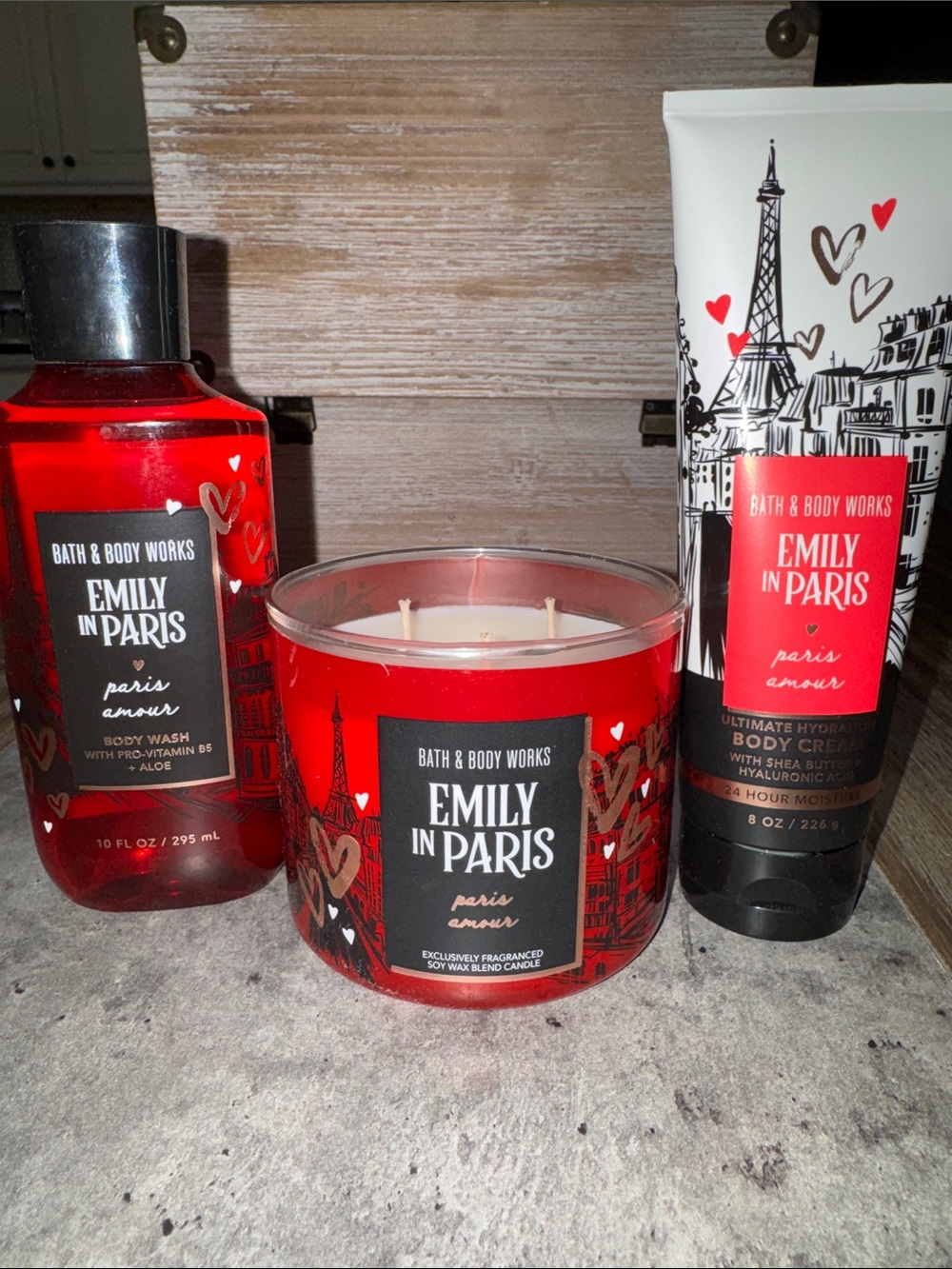 Bath & Body Works Emily in Paris Paris Amour Body Wash, Cream & Candle - Red